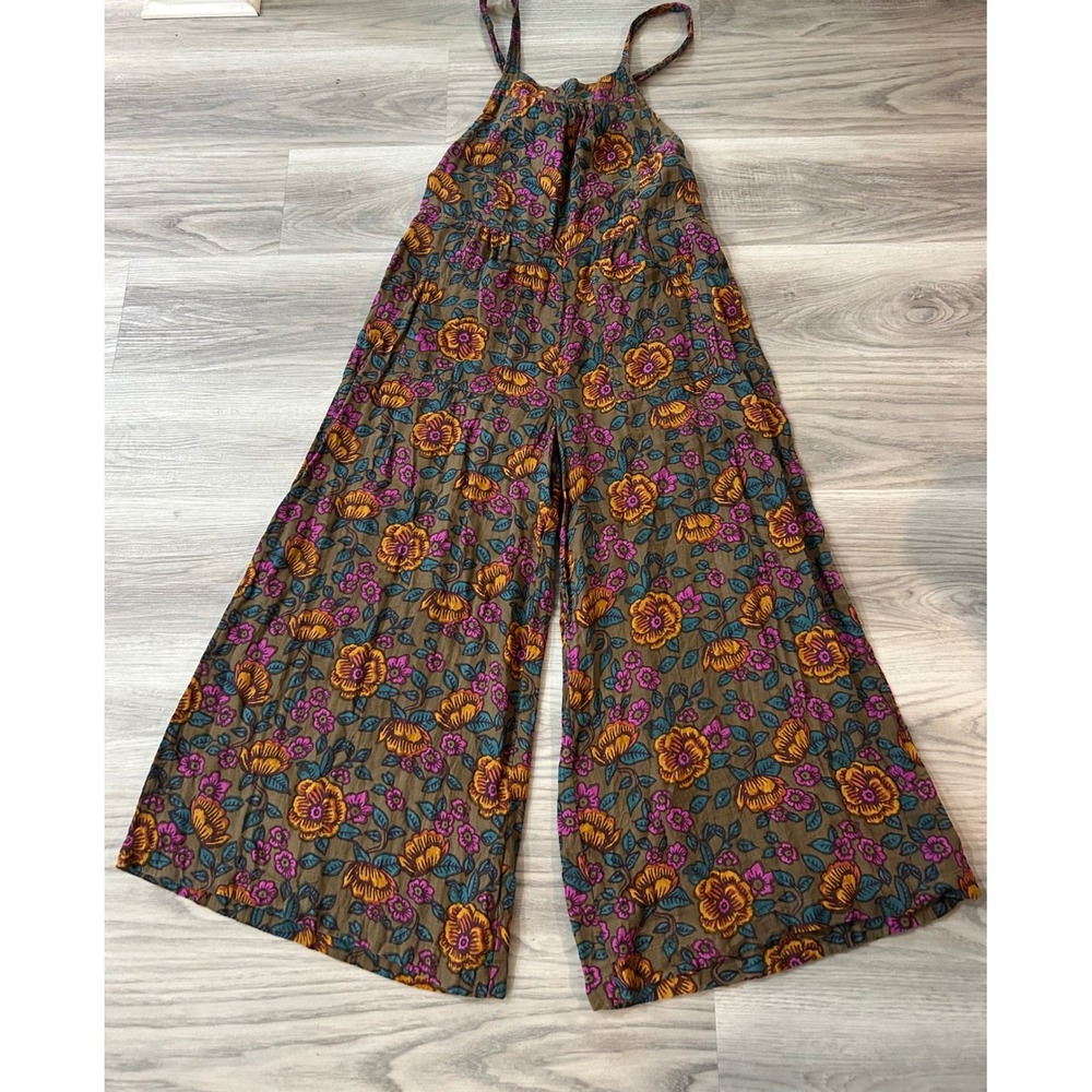 Natural Life Womens Floral Wide Leg Jumpsuit Cotton XS Brown Pink Orange Boho